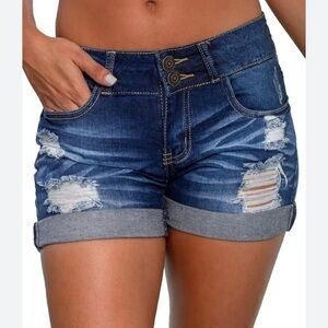Y2K Rue21‎ Jean Shorts Lite Distressing Rolled Hem Double Button Waist Mid Rise